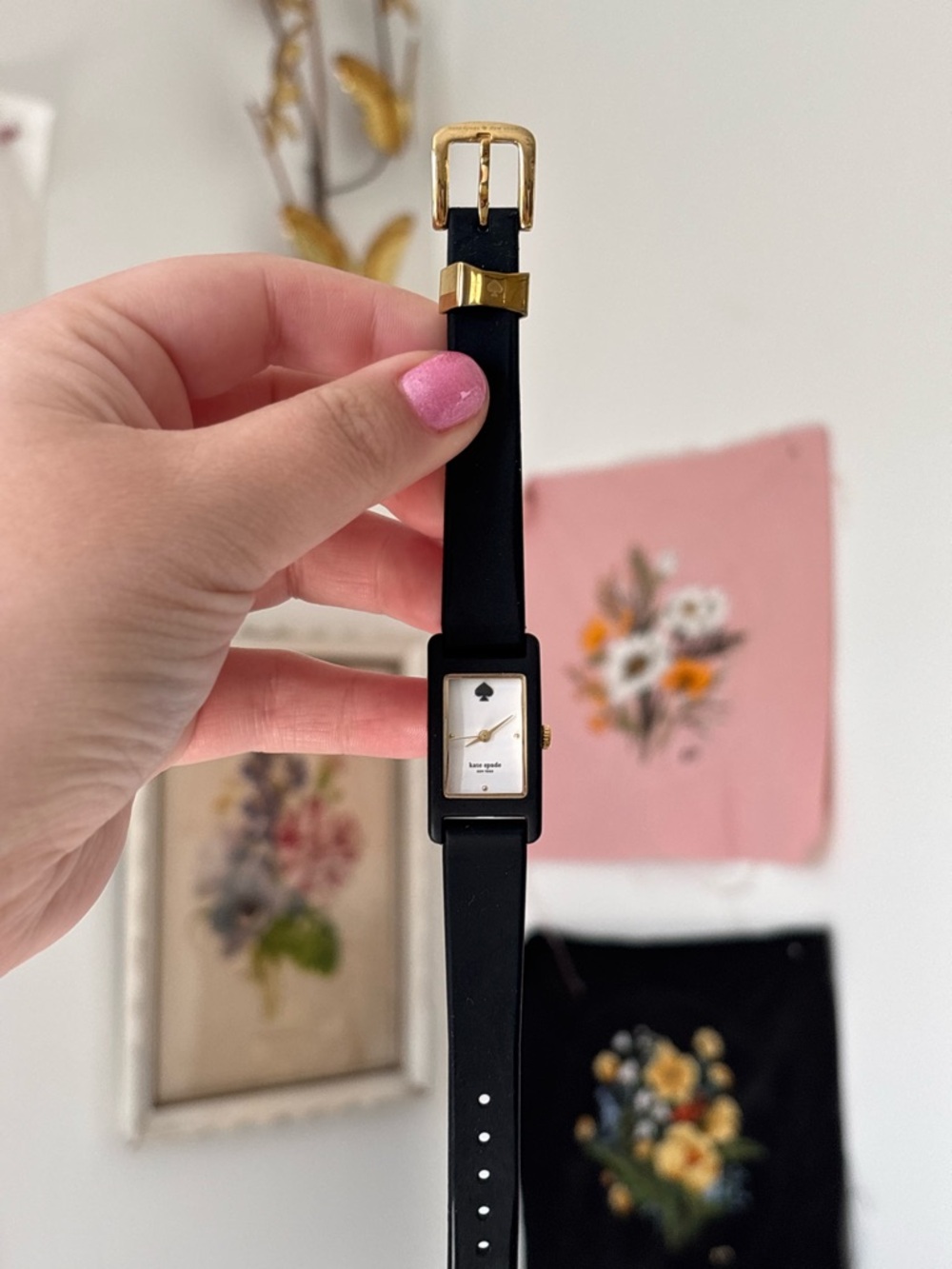 kate spade Black Leather Strap Rectangle Watch with Gold Accents